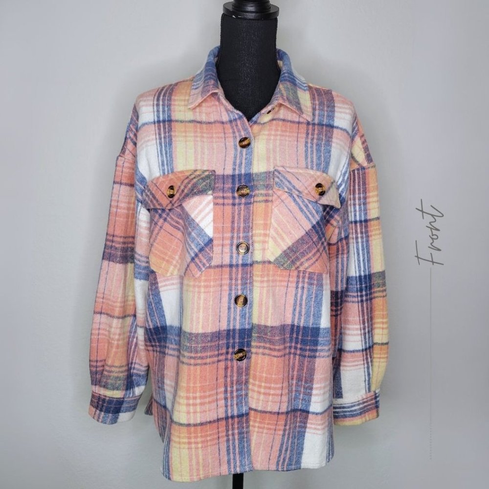 WOMEN’S CASUAL PINK  MULTI PLAID FLANNEL SHACKET JACKET OVERSIZED